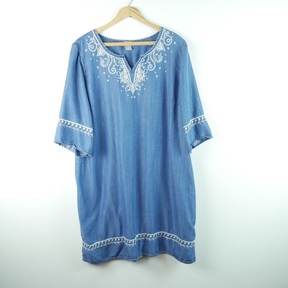 Chicos Size 18 Embroidered Chambray Popover‎ Dress 3.5 Blue Tencel Lyocell Boho